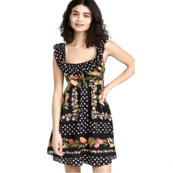 NEW FARM Rio Cocoa Paradise Mini Dress Tropical Polka Dot Ruffle Black Size XL