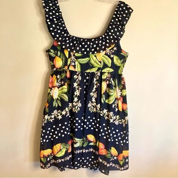 NEW FARM Rio Cocoa Paradise Mini Dress Tropical Polka Dot Ruffle Black Size XL
