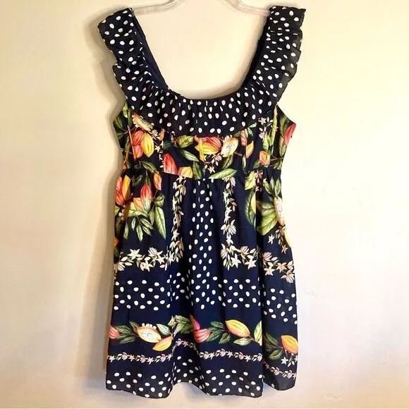 NEW FARM Rio Cocoa Paradise Mini Dress Tropical Polka Dot Ruffle Black Size XL