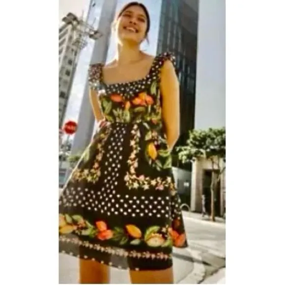 NEW FARM Rio Cocoa Paradise Mini Dress Tropical Polka Dot Ruffle Black Size XL