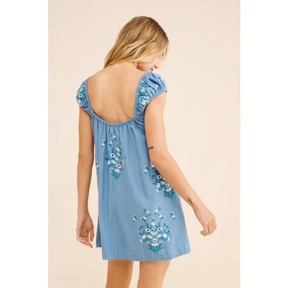 NEW FREE PEOPLE blue  WILDFLOWER EMBROIDERED MINI DRESS BOHO SZ S $168 msrp