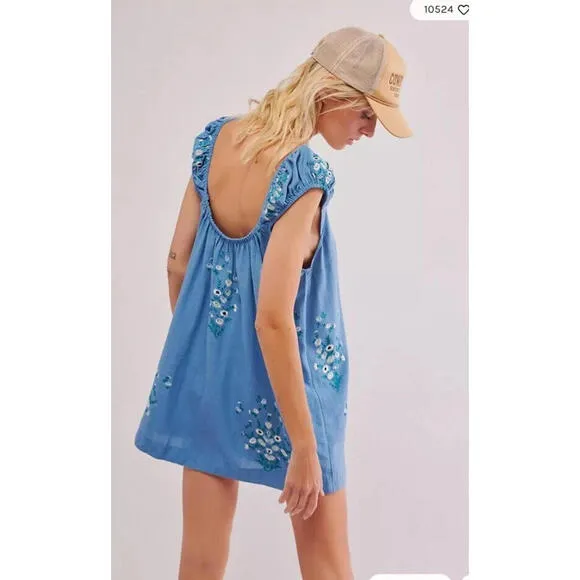 NEW FREE PEOPLE blue  WILDFLOWER EMBROIDERED MINI DRESS BOHO SZ S $168 msrp