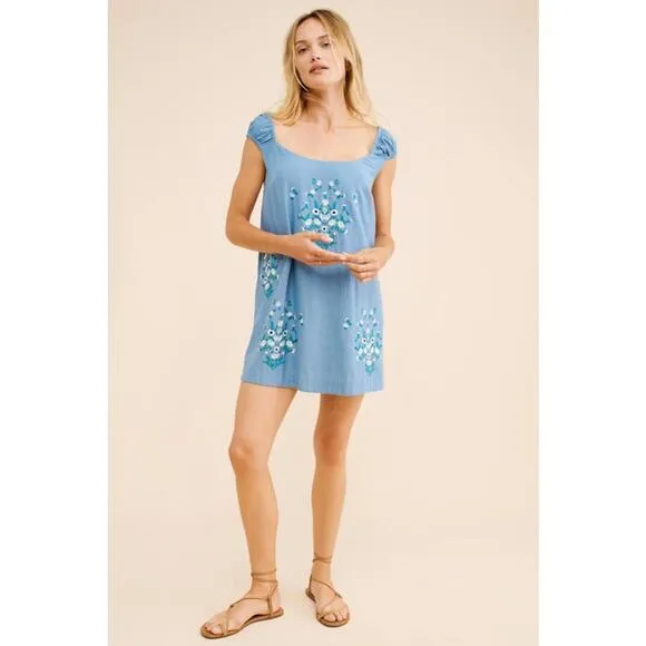 NEW FREE PEOPLE blue  WILDFLOWER EMBROIDERED MINI DRESS BOHO SZ S $168 msrp