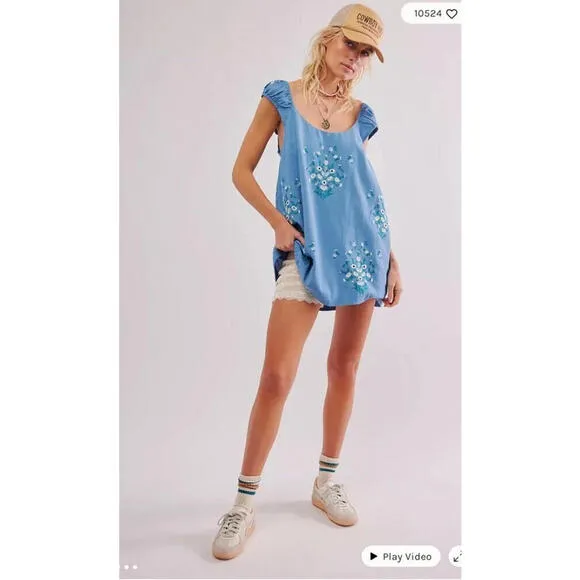 NEW FREE PEOPLE blue  WILDFLOWER EMBROIDERED MINI DRESS BOHO SZ S $168 msrp