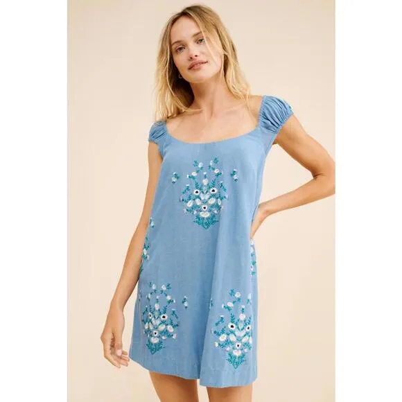 NEW FREE PEOPLE blue  WILDFLOWER EMBROIDERED MINI DRESS BOHO SZ S $168 msrp