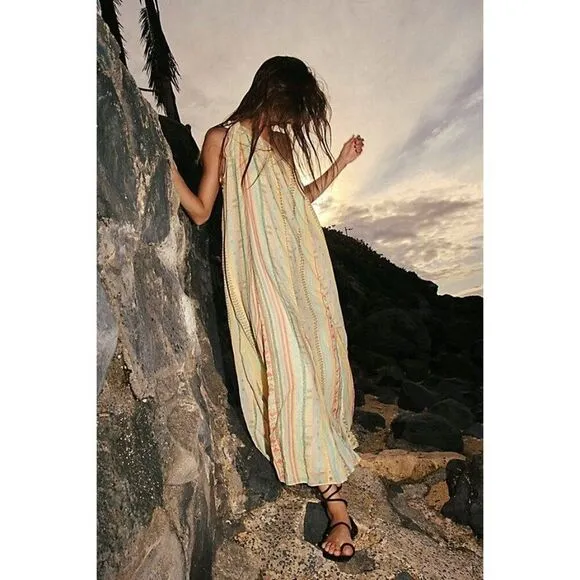 NEW Free People Tova Maxi Dress in Natural Boho Stripe One Shoulder Size Small
