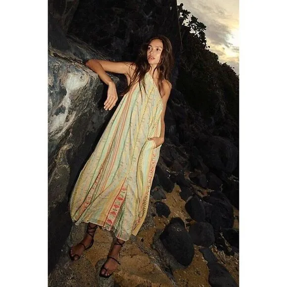 NEW Free People Tova Maxi Dress in Natural Boho Stripe One Shoulder Size Small