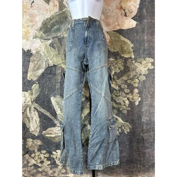 New Free People We The Free Call Me Crazy Cargo Jeans Ballistic Blue Size 32