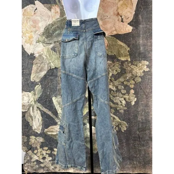 New Free People We The Free Call Me Crazy Cargo Jeans Ballistic Blue Size 32