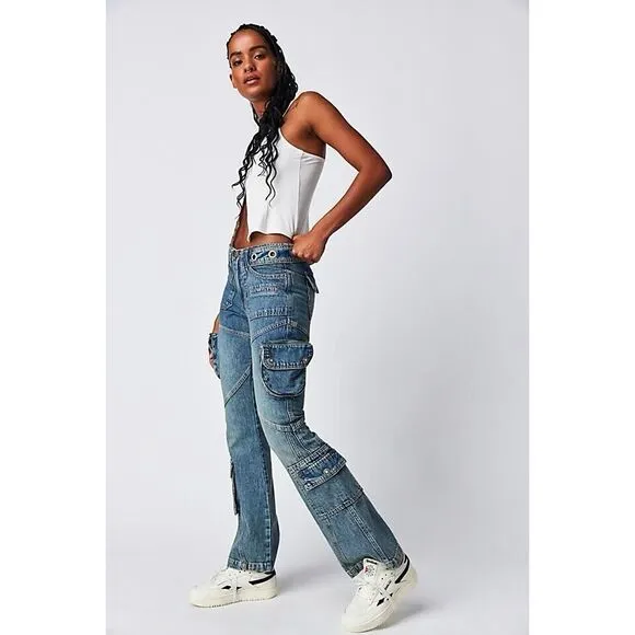 New Free People We The Free Call Me Crazy Cargo Jeans Ballistic Blue Size 32
