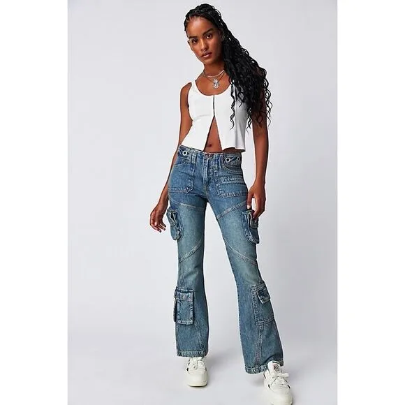 New Free People We The Free Call Me Crazy Cargo Jeans Ballistic Blue Size 32