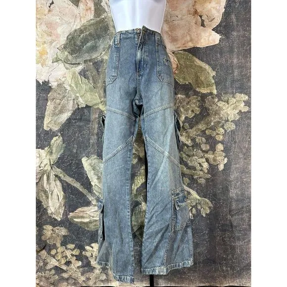 New Free People We The Free Call Me Crazy Cargo Jeans Ballistic Blue Size 32