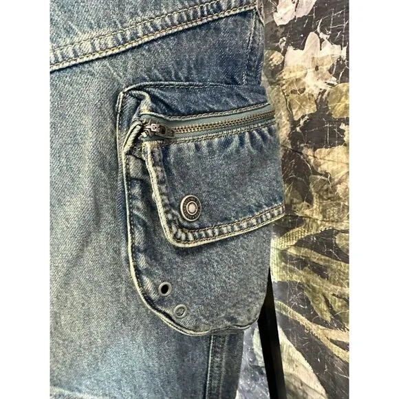 New Free People We The Free Call Me Crazy Cargo Jeans Ballistic Blue Size 32