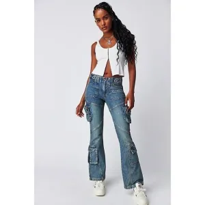New Free People We The Free Call Me Crazy Cargo Jeans Ballistic Blue Size 32