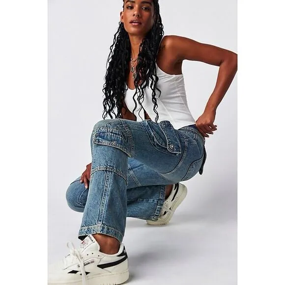 New Free People We The Free Call Me Crazy Cargo Jeans Ballistic Blue Size 32
