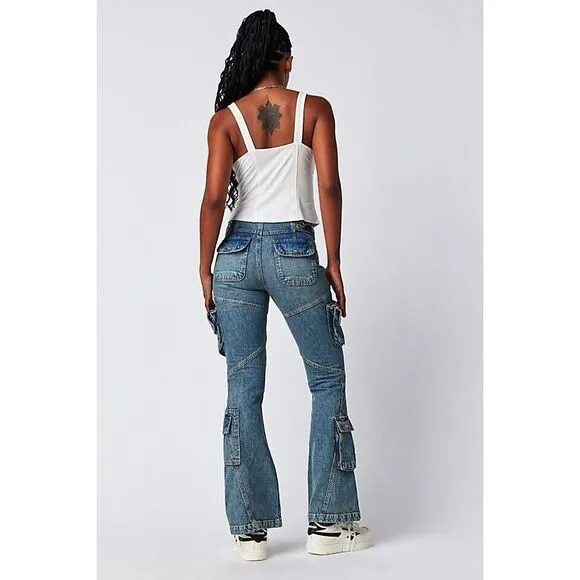 New Free People We The Free Call Me Crazy Cargo Jeans Ballistic Blue Size 32