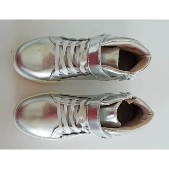 NEW Jacadi Paris Metallic Silver Leather High Top Sneakers Size EU 31/ US 13.5