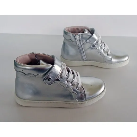 NEW Jacadi Paris Metallic Silver Leather High Top Sneakers Size EU 31/ US 13.5
