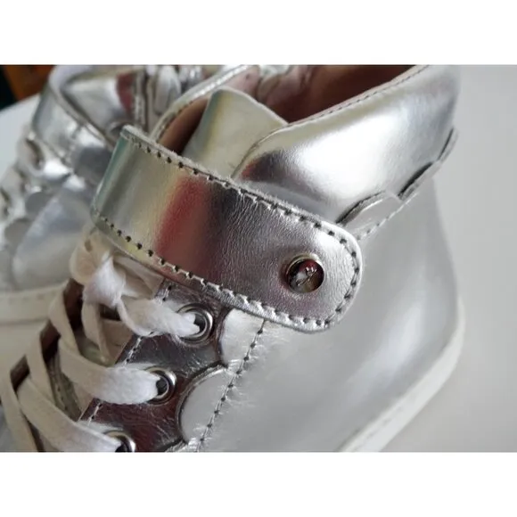 NEW Jacadi Paris Metallic Silver Leather High Top Sneakers Size EU 31/ US 13.5