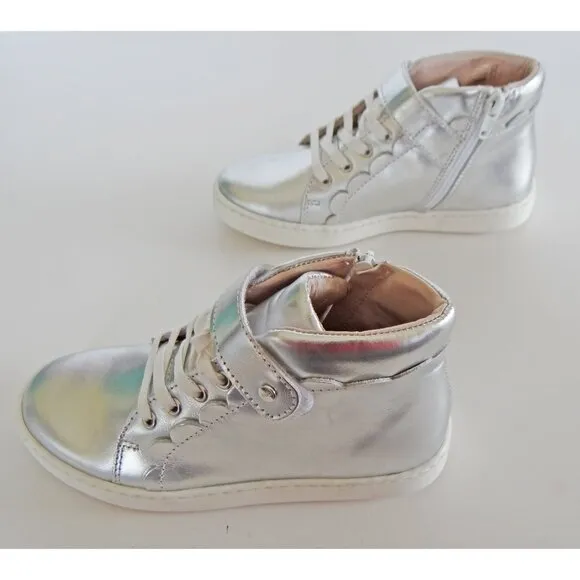 NEW Jacadi Paris Metallic Silver Leather High Top Sneakers Size EU 31/ US 13.5