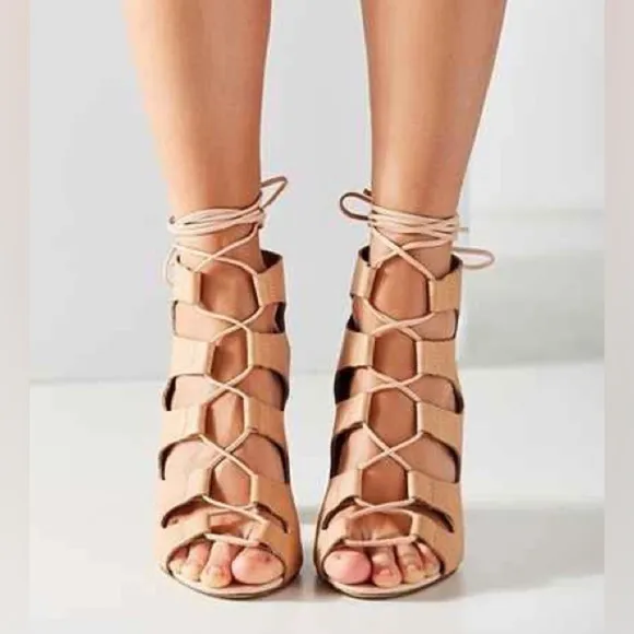New Jeffrey Campbell Allow Lace-Up Heeled Cage Sandals in Neutral | Size 9.5