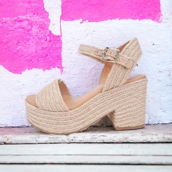 New Jute Style! Soda Shoes Natural Straw Raffia Ankle Strap Platform Wedge Heel