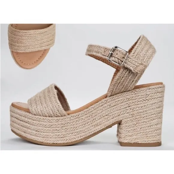 New Jute Style! Soda Shoes Natural Straw Raffia Ankle Strap Platform Wedge Heel