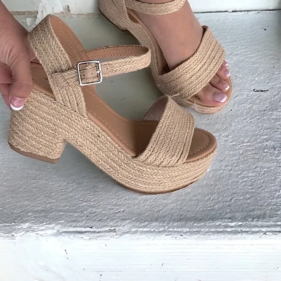 New Jute Style! Soda Shoes Natural Straw Raffia Ankle Strap Platform Wedge Heel
