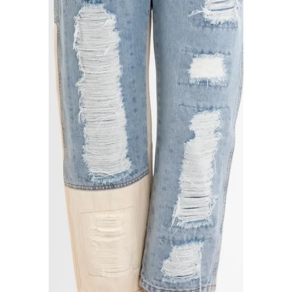 NEW! Medium Wash 3 Button Distress Contrast Patched Cotton Denim Pants!