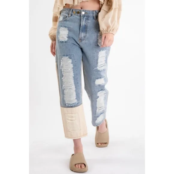 NEW! Medium Wash 3 Button Distress Contrast Patched Cotton Denim Pants!
