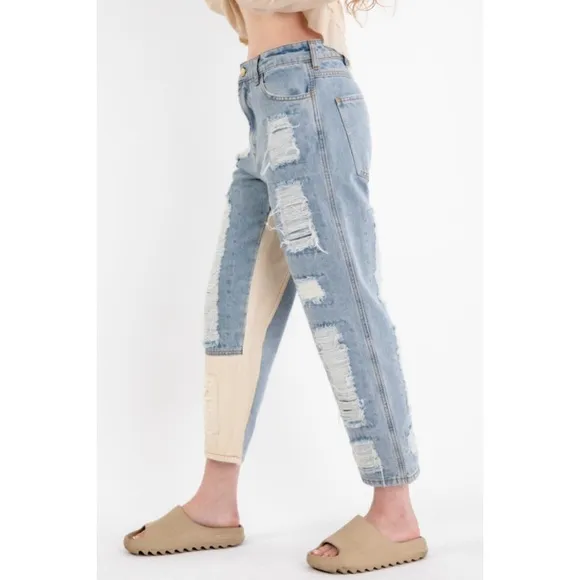 NEW! Medium Wash 3 Button Distress Contrast Patched Cotton Denim Pants!