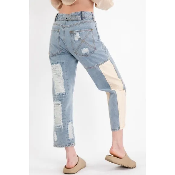NEW! Medium Wash 3 Button Distress Contrast Patched Cotton Denim Pants!