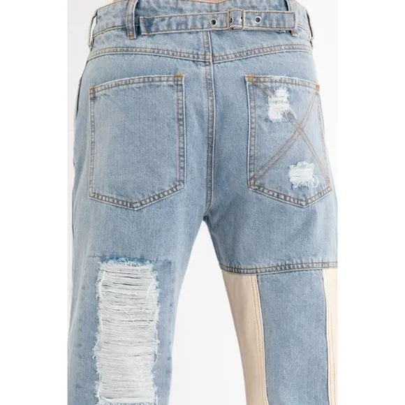 NEW! Medium Wash 3 Button Distress Contrast Patched Cotton Denim Pants!