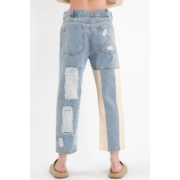 NEW! Medium Wash 3 Button Distress Contrast Patched Cotton Denim Pants!