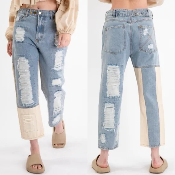 NEW! Medium Wash 3 Button Distress Contrast Patched Cotton Denim Pants!
