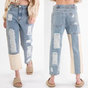 NEW! Medium Wash 3 Button Distress Contrast Patched Cotton Denim Pants!