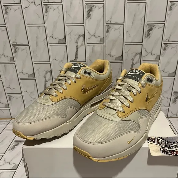 New Nike Air Max 1 Nike ID Custom Gold Brown Grey Shoes Leather Mens 10.5