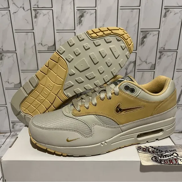 New Nike Air Max 1 Nike ID Custom Gold Brown Grey Shoes Leather Mens 10.5