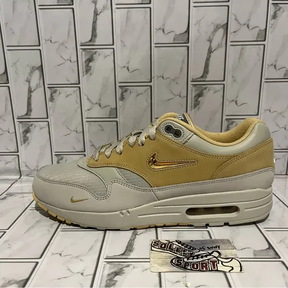 New Nike Air Max 1 Nike ID Custom Gold Brown Grey Shoes Leather Mens 10.5