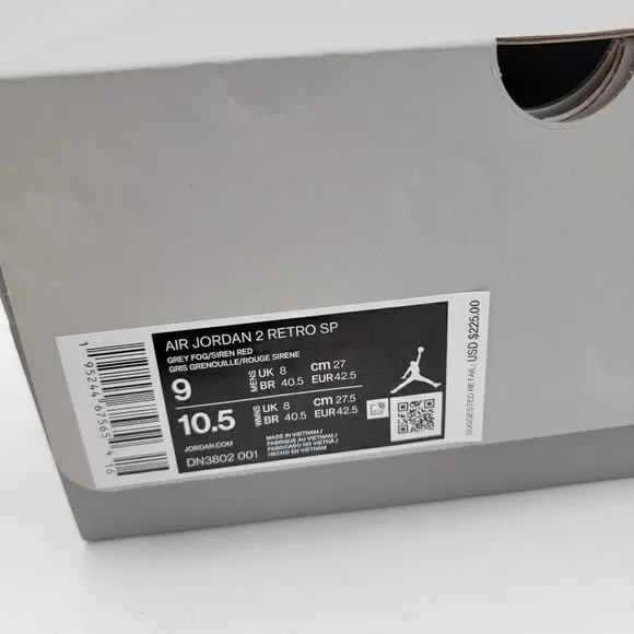 NEW - Nike Jordan 2 Retro SP Union Grey Fog Size 9 DN3802-001 Shoes Sneakers