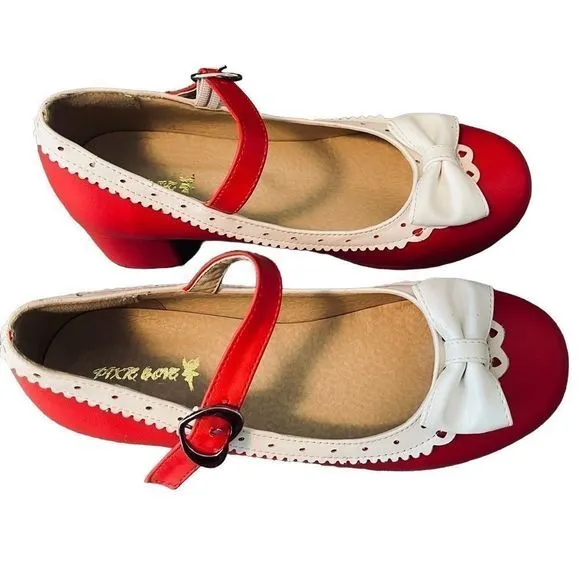 NEW Pixie Cove Retro Red &amp; White Bow Pin-Up Mary Jane Heels SZ 9 (closer to 8.5)