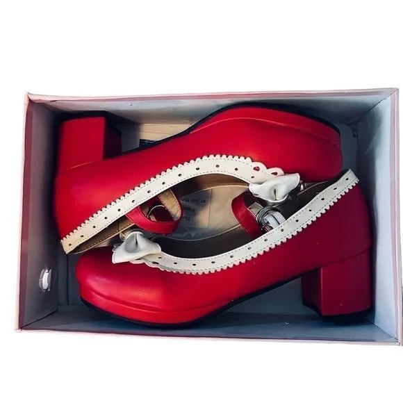 NEW Pixie Cove Retro Red &amp; White Bow Pin-Up Mary Jane Heels SZ 9 (closer to 8.5)