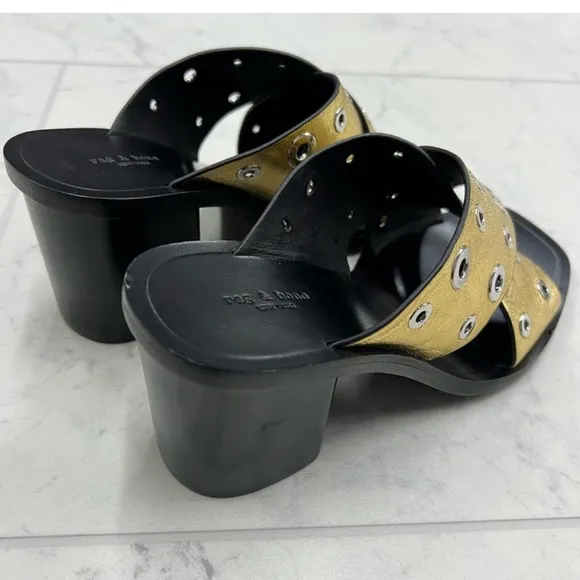 NEW! Rag &amp; Bone Size 7 Paige Grommet Gold Black Women's Slide Sandals Heels