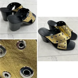 NEW! Rag &amp; Bone Size 7 Paige Grommet Gold Black Women's Slide Sandals Heels