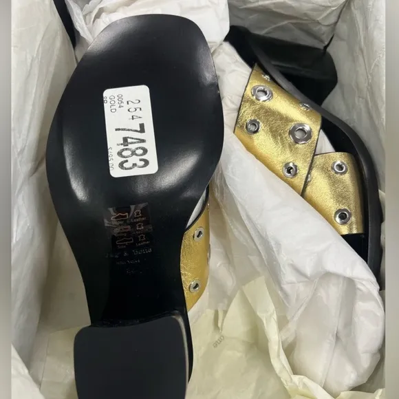 NEW! Rag &amp; Bone Size 7 Paige Grommet Gold Black Women's Slide Sandals Heels