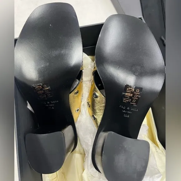 NEW! Rag &amp; Bone Size 7 Paige Grommet Gold Black Women's Slide Sandals Heels