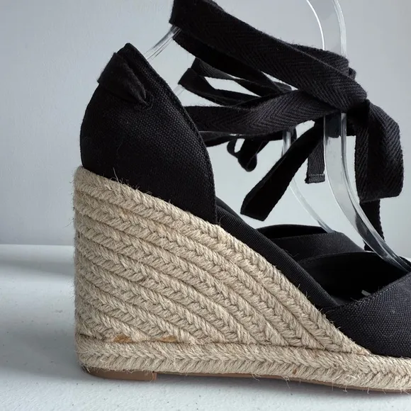 New Reformation Camille Espadrille Black Wedge Lace Up Sandals Shoes Size 7.5