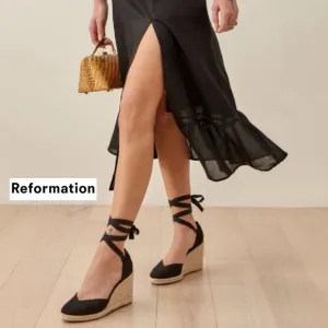 New Reformation Camille Espadrille Black Wedge Lace Up Sandals Shoes Size 7.5