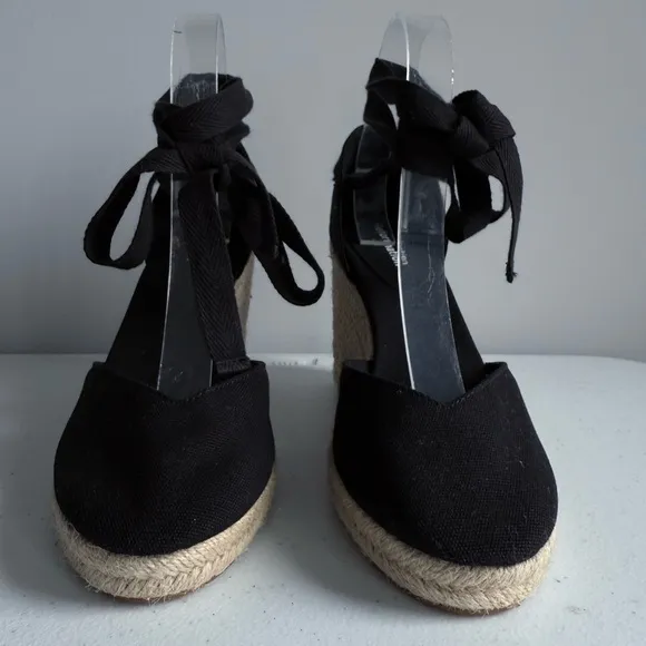 New Reformation Camille Espadrille Black Wedge Lace Up Sandals Shoes Size 7.5