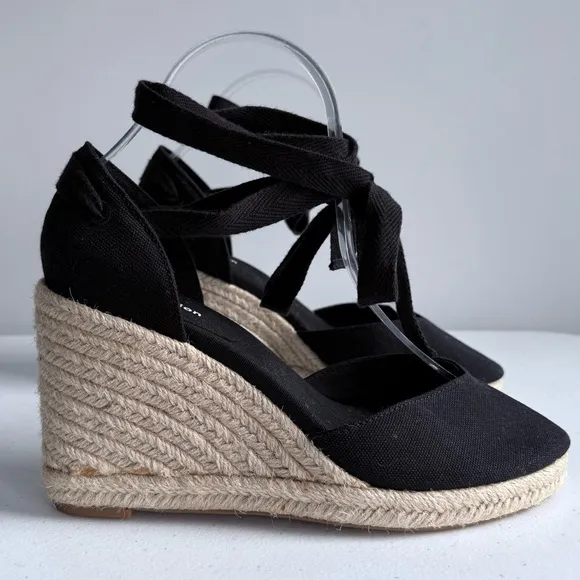 New Reformation Camille Espadrille Black Wedge Lace Up Sandals Shoes Size 7.5